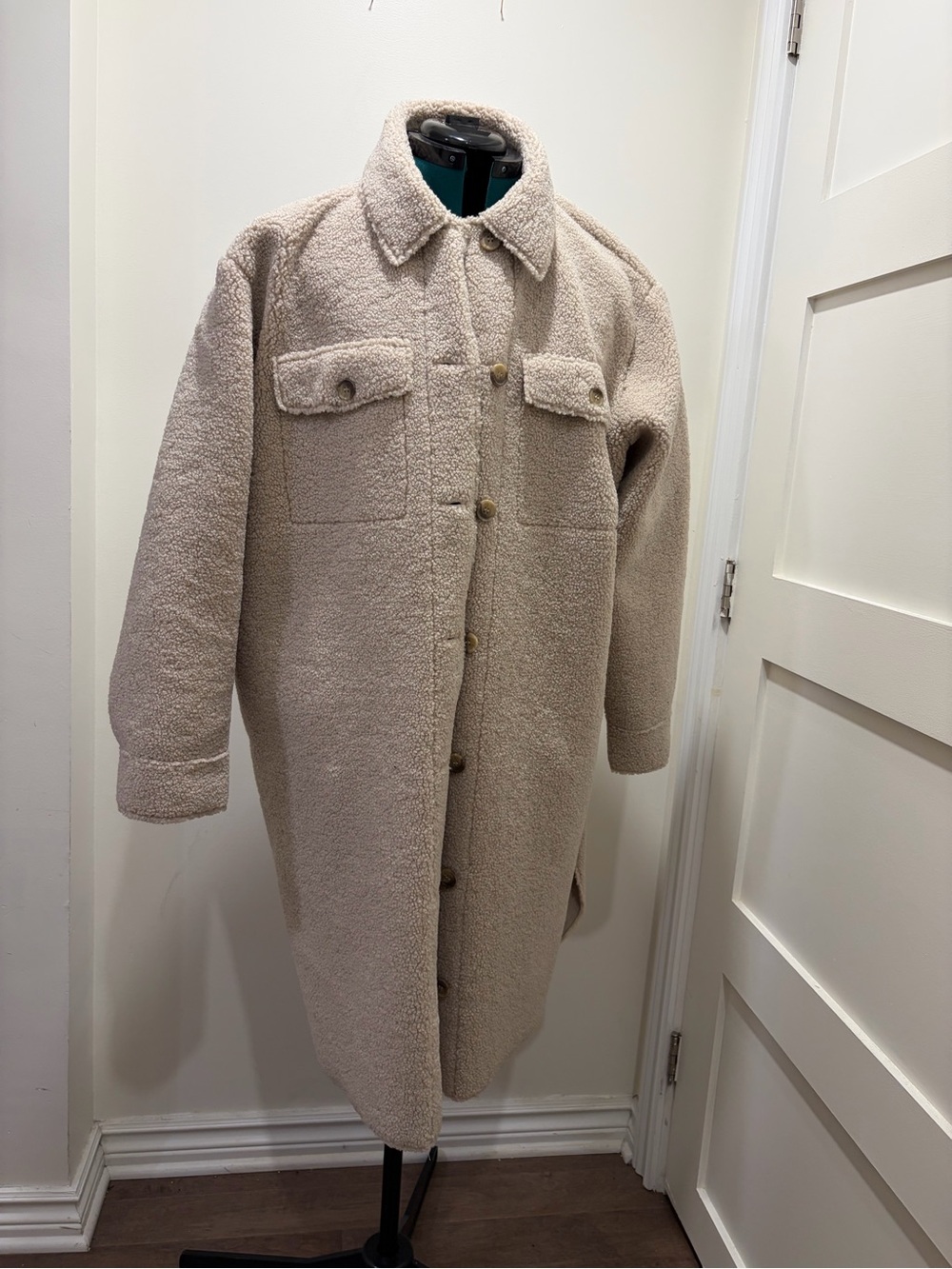 Long Teddy Button-Up Coat in Beige